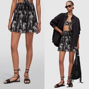 All Saints Linen Floral Black Gray Smocked Ruffle Riah Mia Pull On Mini Skirt 2